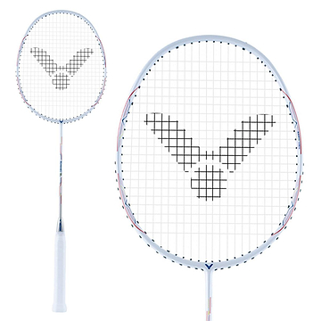 The Victor Drive X 1L A Badminton Racket - Floral White, designed by the brand Victor for intermediate players, boasts a white frame with uniquely arranged strings. It showcases delicate blue and red accents on the frame and is wrapped in white tape on the grip to enhance comfort and control.