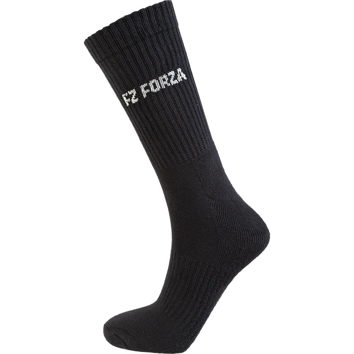 Each sock in the FZ Forza Comfort Long Black Badminton Socks - 3 Pack is designed for athletic use with ribbed detailing and features the "FZ FORZA" text in white near the top. These socks offer cushioning and support, ensuring optimal comfort on the court.