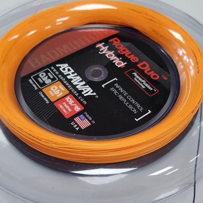 Close-up of the Ashaway Rogue Duo Hybrid Badminton String packaging, highlighting a spool of orange string. This custom combination offers the "Infinite Control" and "Power Fusion" ideal for an unparalleled string bed. Crafted in the USA for peak performance.