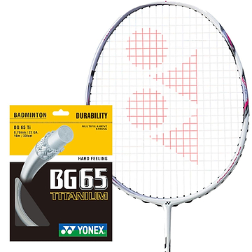 The Yonex BG 65 Ti badminton string in a white, 0.7mm, 10m packet is showcased next to a racket with the Yonex logo prominently featured on its strings. The packaging highlights the string's durability and hard feel, attributed to its multifilament core and premium nylon fibers.