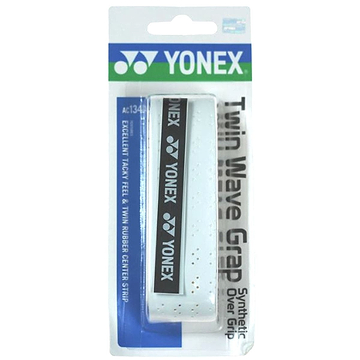 The Yonex AC139EX Twin Wave Grap Badminton Overgrip boasts a stylish white appearance with black print. It is tastefully packaged in a clear plastic case, showcasing the Yonex logo and detailed feature text prominently.