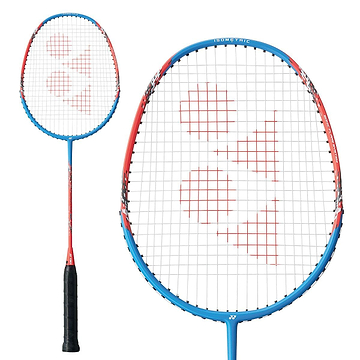 A Yonex Nanoflare E13 badminton racket in blue and red, featuring a black grip. The strings display a logo pattern, and its isometric head shape boosts your gameplay. The Yonex brand name is partially visible on the shaft.