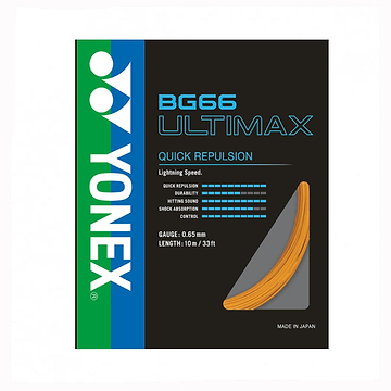 A sleek black box is adorned with blue and green text, revealing the Yonex BG 66 Ultimax Badminton String in orange inside, renowned for its high-intensity multifilament construction that guarantees maximum speed.
