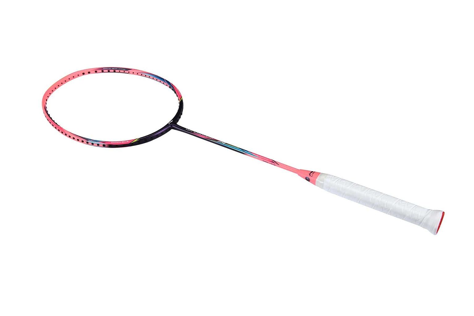The Li-Ning Windstorm 74 Badminton Racket - Pink, known for its ultralight construction, is displayed against a white background. Its pink and black frame is elegantly strung with colorful strings and features a sleek white grip.