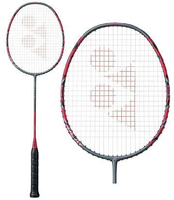 A Yonex Arcsaber 11 Play badminton racket with a greyish pearl finish and a circular string pattern. Its isometric head design enhances precision. The images showcase both a full view and a close-up of the racket's control assist bumper for improved gameplay.