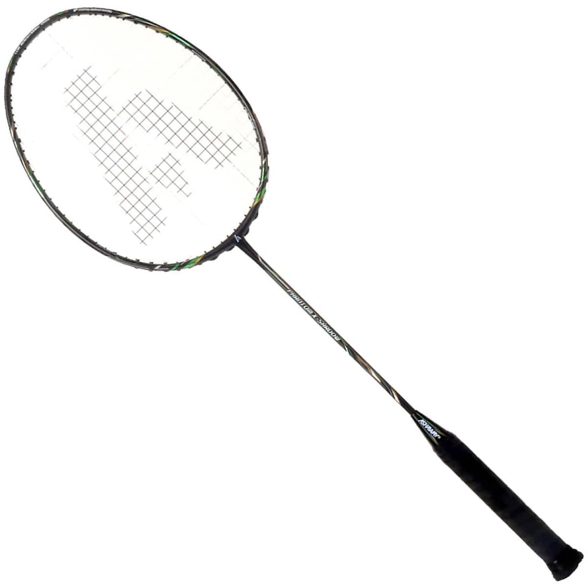 The Ashaway Phantom X-Shadow Badminton Racket - Black Green stands out with its ultra-slim profile, combining a streamlined black and green handle with a white, checkered head. The thin metallic shaft showcases an elegant design in black and silver hues, ideal for players who prioritize precision and style on the court.