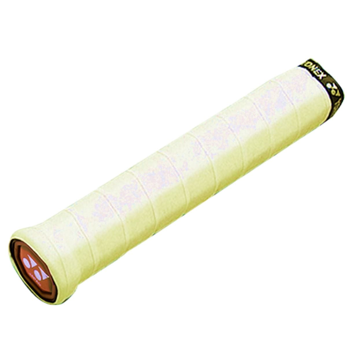 The Yonex AC102EX Super Grap Badminton Overgrip - 3 Pack in yellow is a cylindrical grip wrap for badminton racquets, featuring the iconic Yonex logo at its end. This overgrip is engineered for enhanced performance, offering a textured surface that improves sweat absorption and provides superior grip.