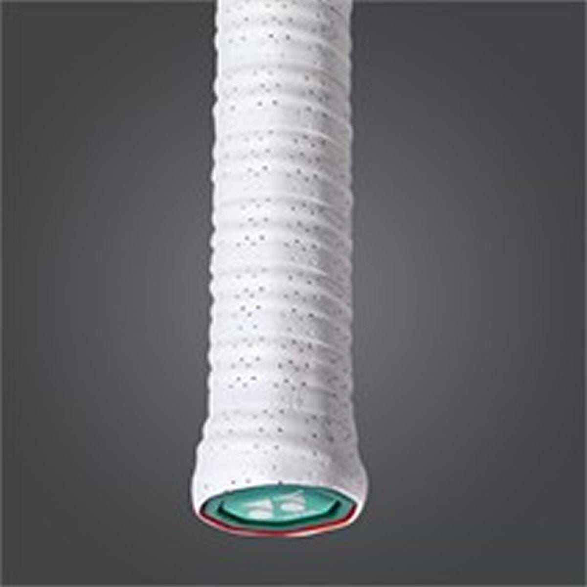 Close-up of the Yonex AC139EX Twin Wave Grap Badminton Overgrip, highlighting its white textured surface against a dark background. The overgrip displays a green inner edge accented by a striking red outline at the end, making it an ideal addition to enhance your sports gear with both style and functionality.