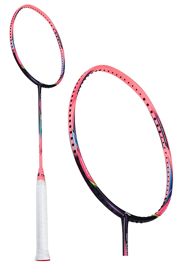 A close-up of the Li-Ning Windstorm 74 Badminton Racket in pink showcases its black frame with vivid accents. The ultralight design includes a grip wrapped in white tape, although the strings remain out of view. The image presents the racket from two different angles set against a white background.