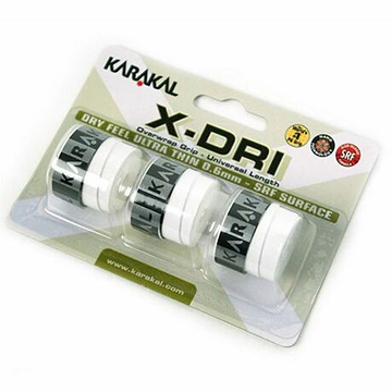 The packaging of the Karakal X-Dri Overwrap Badminton Grip - White from Karakal features three white grips with black accents. It highlights "Dry Feel," "Ultra Thin 0.6mm," and "SRF Surface" to provide a tacky overwrap grip, ensuring a non-slip grip experience designed to enhance your gameplay.