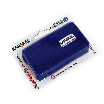 A navy wristband, resembling an absorbent cotton pad, neatly tucked in its package, by Karakal.