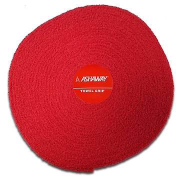 A red circular towel grip for racquets from Ashaway, featuring a textured, self-adhesive surface. The center displays a red label with "Ashaway Badminton Towel Grip Roll" written in white text, emphasizing its absorbent qualities to enhance your game.