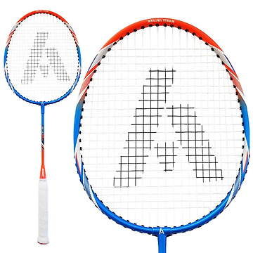 The Ashaway AM303 Junior Badminton Racket, available in a blue and orange design, is specifically crafted for young beginners and features a sleek aesthetic adorned with the Ashaway logo.