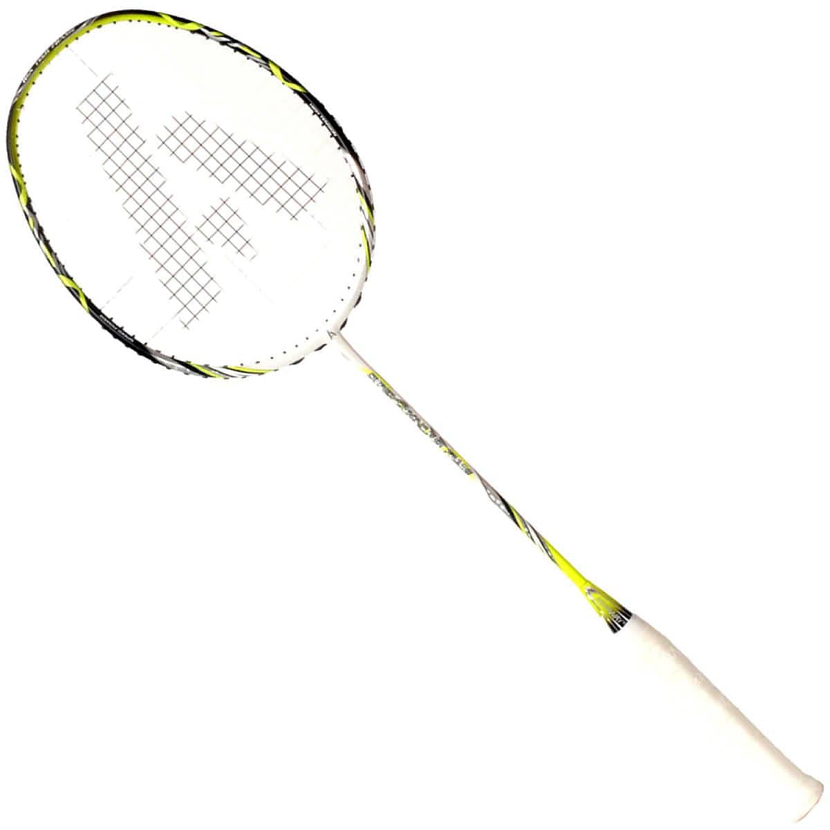 Introducing the Ashaway Superlight 10 Hex badminton racket, showcasing a stylish white and green design. Enhanced by its advanced Hex technology for superior aerodynamics, this racket features a black and white grip handle, tightly woven strings, and an aerodynamic frame set against a simple white background.
