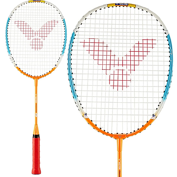 The Victor Training Junior Badminton Racket - Orange Blue by Victor is displayed from two angles, highlighting its orange frame with a black handle and blue accents. The Lawntex strings form a red logo on the drop-shaped head, designed to enhance performance.