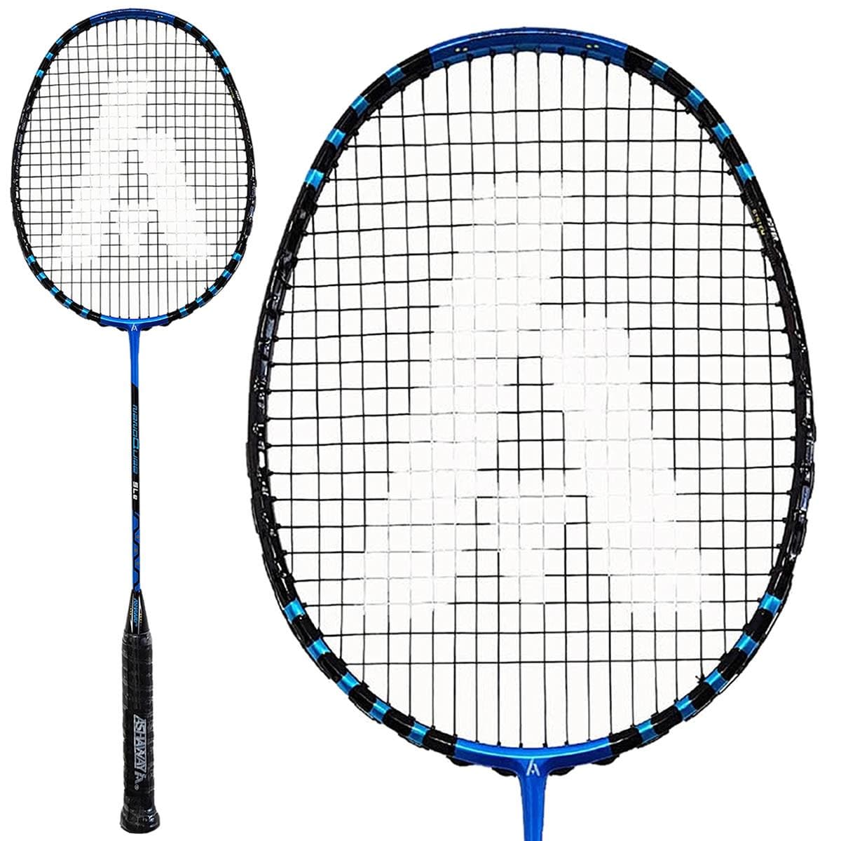 A close-up of the Ashaway NanoQube SLe Badminton Racket in blue reveals a sleek and modern design featuring a white "A" logo on the strings. The grip is dark with small white text, and its intricate string pattern showcases advanced Qubatech technology for enhanced performance.