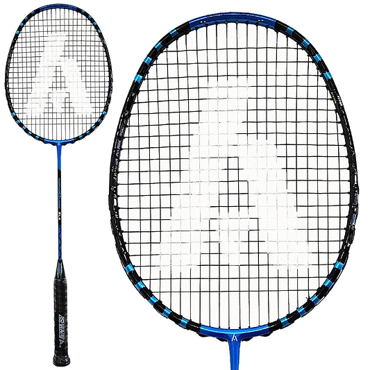 A close-up of the Ashaway NanoQube SLe Badminton Racket in blue reveals a sleek and modern design featuring a white "A" logo on the strings. The grip is dark with small white text, and its intricate string pattern showcases advanced Qubatech technology for enhanced performance.