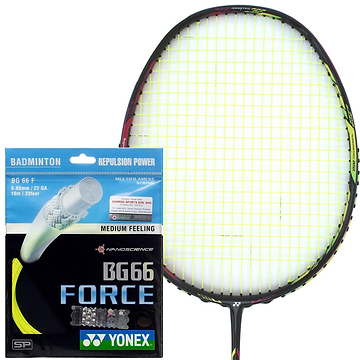 A Yonex badminton racket with yellow strings is showcased next to a 10-meter packet of Yonex BG 66 Force Badminton String in yellow. The packaging highlights the medium feel and remarkable hitting power, thanks to its nylon composite coating, making it perfect for enhancing on-court performance.
