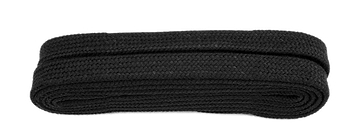 A neatly coiled, black Shoestring Flat 9mm Badminton Shoe Lace lies elegantly against a white background. Its textured surface suggests it is made of a woven fabric, akin to finely crafted martial arts belts.