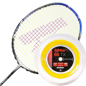A badminton racket with a unique yellow and red stringing pattern is placed next to a reel of Ashaway Zymax 68 TX Badminton String in yellow. This 0.68mm, 200m spool features advanced ZyWeave string technology, with the packaging emphasizing its detailed specifications and the incorporation of BETA polymer fibers.