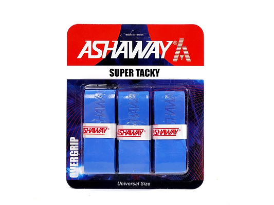 The packaging for the Ashaway Super Tacky Badminton Overgrip - Blue - Set of 3 displays three blue grips with the Ashaway brand name highlighted in red and white on a dark blue background, emphasizing its super tacky grip quality.