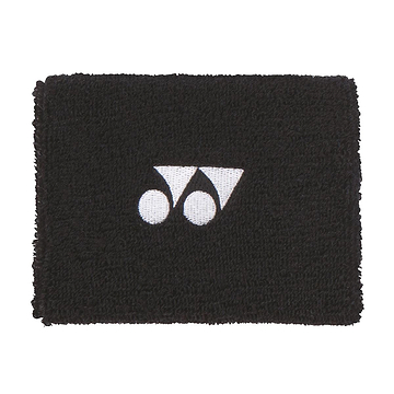 The Yonex AC492 Wristband - Black, created by Yonex, is a court-ready sweatband crafted from textured terry cloth, featuring a distinctive white logo with two circles and a triangle.