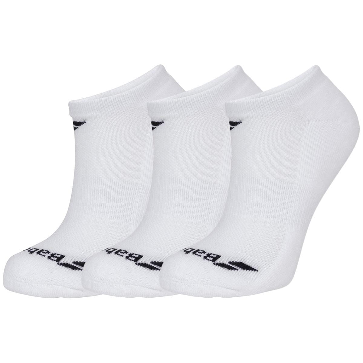 Three pairs of the Babolat Invisible Badminton Trainer Socks in white are displayed, designed for comfort. Each sock features a small black logo near the cuff and black text on the toe. The breathable fabric ensures they're perfect for high-energy games, and they are neatly aligned in a row.