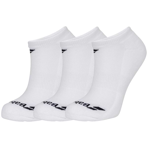 Three pairs of the Babolat Invisible Badminton Trainer Socks in white are displayed, designed for comfort. Each sock features a small black logo near the cuff and black text on the toe. The breathable fabric ensures they're perfect for high-energy games, and they are neatly aligned in a row.