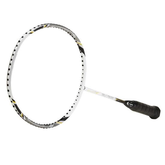 The Victor GJ-7500 Junior Badminton Racket from Victor features a white frame highlighted with black and gold accents, offering an elegant contrast. Its handle is wrapped in black grip tape, ensuring enhanced comfort. This sleek carbon racket gracefully stands out against the clean, white backdrop.