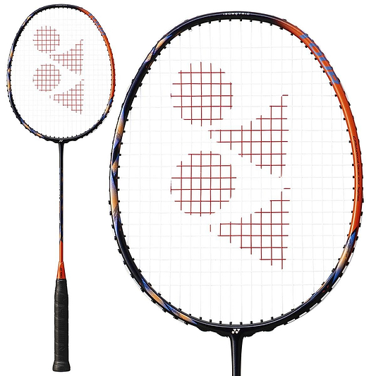 The Yonex Astrox 77 Pro 4U badminton racket, presented in a striking high orange color, features the Yonex logo prominently on its strings. It includes a detailed grip, an oval-shaped head, and incorporates ISOMETRIC technology for improved performance.