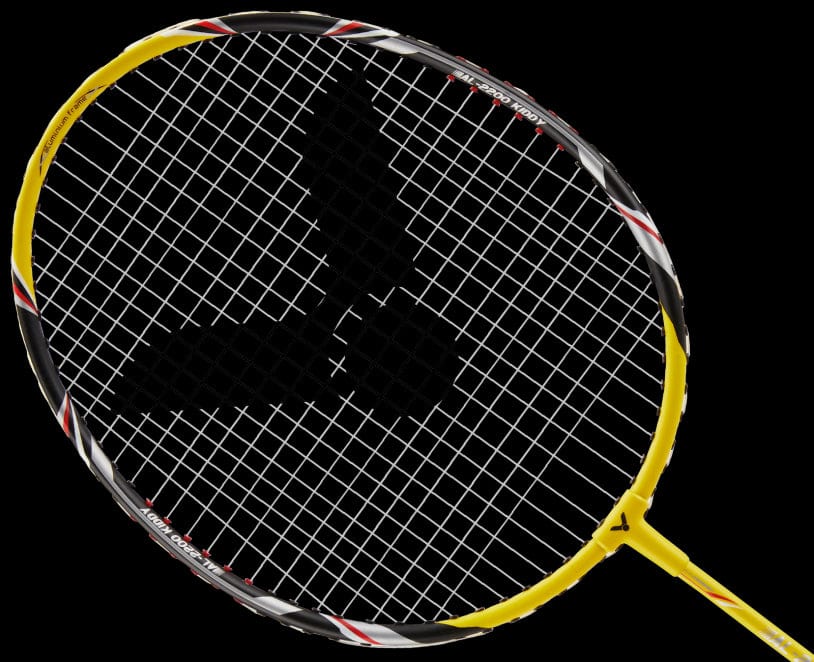 The Victor AL-2200 Kiddy Junior Badminton Racket, featuring a bold combination of black and yellow, is crafted for beginners. It showcases an eye-catching black and white grid pattern on the strings alongside its logo set against a stylish black background.