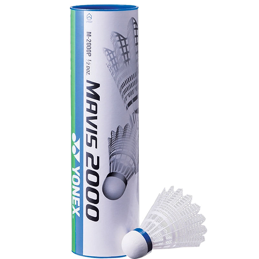 The Yonex Mavis 2000 Badminton Nylon Shuttles, available in a set of 6, is a long-lasting white and blue badminton accessory ideal for extended gameplay.