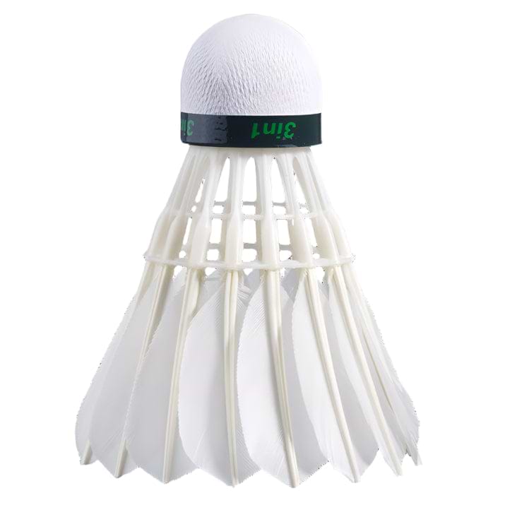 A close-up of a Babolat Hybrid Badminton Feather Shuttlecock from the set of 12, featuring a textured surface and a black band near the top, demonstrates superior flight quality against a black background.