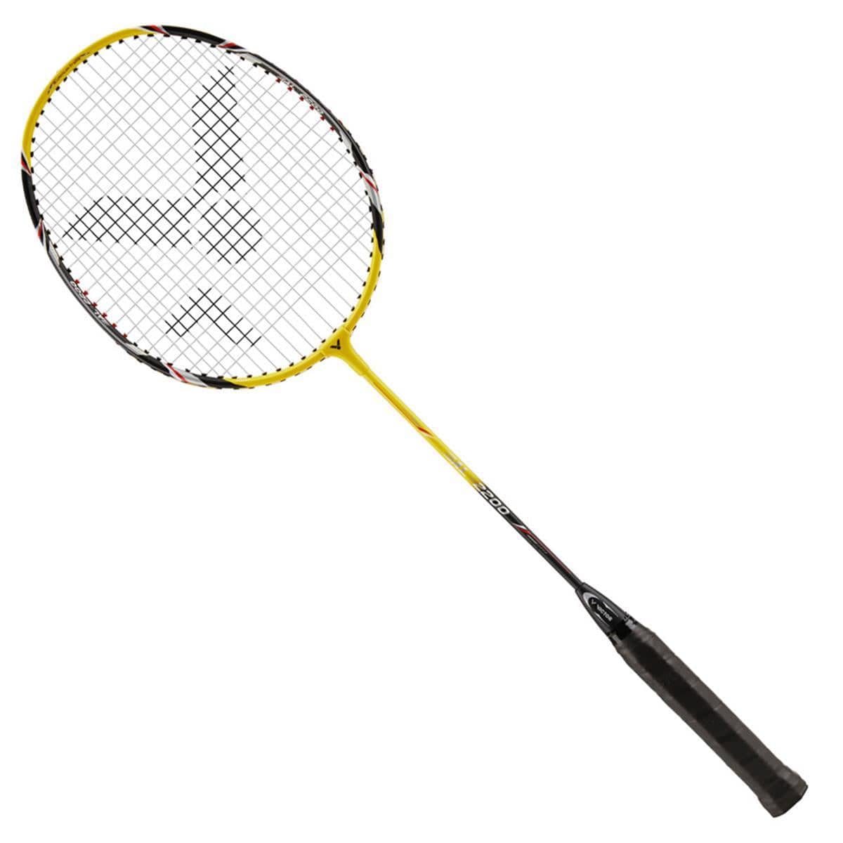 The Victor AL-2200 Badminton Racket - Black / Yellow is a robust racket with a striking yellow frame and a black grip handle, accented stylishly with black, white, and red detailing. The crisscross string pattern enhances its sleek aesthetic. It is elegantly showcased at an angle against a white background.