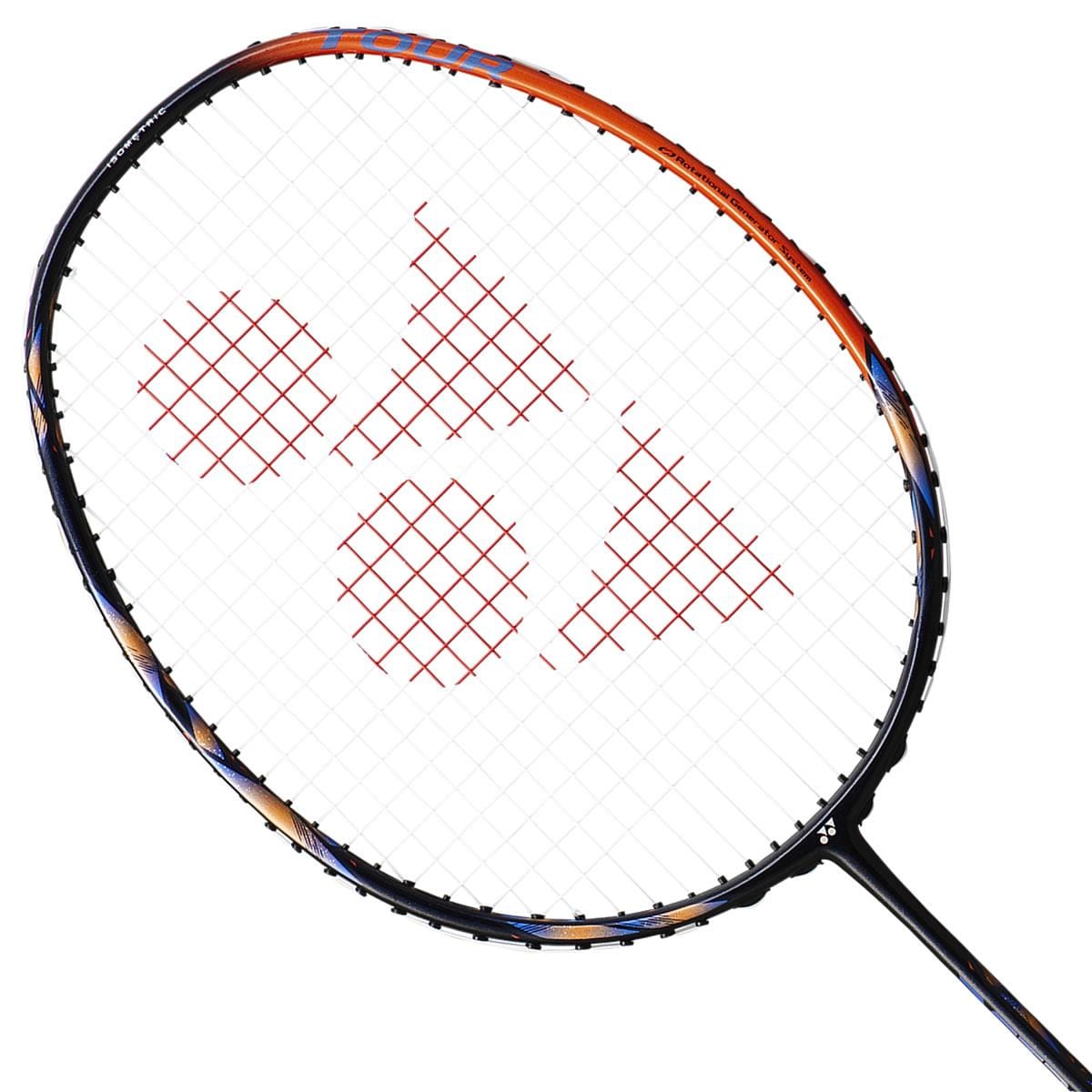 A detailed look at the Yonex Astrox 77 Pro 4U Badminton Racket - High Orange reveals its striking orange and black frame. Featuring a triangular string pattern in red, the racket utilizes Namd graphite material to deliver superior performance, while the ISOMETRIC technology expands the sweet spot for improved play.