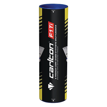 The Carlton F1 Ti White Medium Badminton Nylon Shuttles, packaged in a cylindrical tube of six shuttlecocks, feature a natural cork base and oxygenated titanium for enhanced durability. The packaging sports a sleek black, yellow, and blue design with crisp white text displaying the Carlton branding and product information.