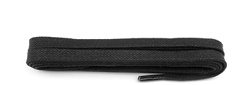 A neatly coiled black belt made of fabric, resembling the Shoestring Flat 5mm Waxed Badminton Shoe Laces in black, lies on a white surface.