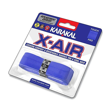 The Karakal X-AIR Replacement Badminton Grip - Blue, by Karakal, is engineered for extended durability with its cushioned grip crafted for superior comfort and airflow. The product is attractively presented in a transparent plastic case with a white cardboard backing.