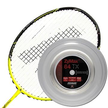 A yellow and black badminton racket rests next to a spool of Ashaway Zymax 64 TX White badminton string, measuring 0.64mm in diameter and spanning 200 meters. The transparent reel is adorned with a red and black label, highlighting the use of advanced BETA polymer fibers for improved performance through its ZyWeave string technology.