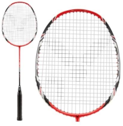 The Victor AL-6500 I Badminton Racket, in striking black and red, is showcased with a detailed view of its stringed head. The design emphasizes its head-heavy nature, ideal for attacking play, and it features a sleek black handle enhanced by vibrant red and black accents.