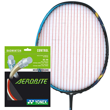 Displayed is a badminton racket strung with Yonex AeroBite strings in red and white, next to a "Badminton Control" packet that emphasizes its hybrid stringing. The packet showcases an image of the strings and describes them as having a "Medium Feeling.