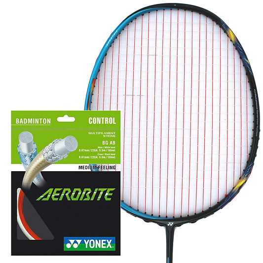 Displayed is a badminton racket strung with Yonex AeroBite strings in red and white, next to a "Badminton Control" packet that emphasizes its hybrid stringing. The packet showcases an image of the strings and describes them as having a "Medium Feeling.