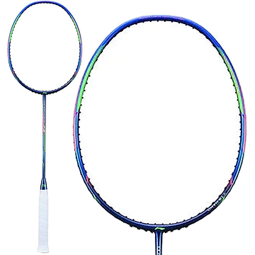 The Li-Ning Windstorm 72 6U Badminton Racket in Dark Blue (Unstrung) features an ultra-lightweight design with colorful accents in shades of green and pink, and a white grip on the handle. Its head-heavy balance ensures stability, while a smaller inset image highlights the stringed area to emphasize maximum speed.