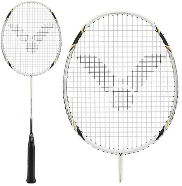 Two views of the Victor GJ-7500 Junior Badminton Racket – White, by Victor, showcasing its sleek black handle and white frame. The carbon racket's strings form a stylized wing design. One view highlights the complete junior badminton racket, while the other focuses on its distinctive head.