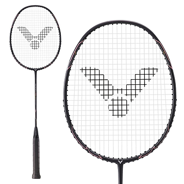 Immerse yourself in the precision of the Victor Thruster K1 H Badminton Racket, featuring a striking black and pink design. Its isometric view and close-up details reveal a sleek frame with intricate string patterns, while the textured handle ensures an enhanced grip for peak performance.