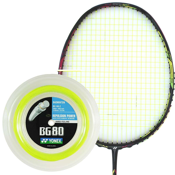 Displayed alongside the Yonex badminton racket with a circular yellow grid pattern is the Yonex BG 80 Badminton String in Yellow, available in a 0.68mm thickness on a 200m reel. The packaging emphasizes the string's ability to deliver high repulsion power and a hard feeling, underscoring its superior quality for optimal performance.