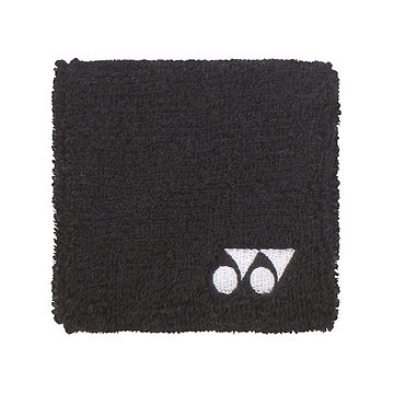 The Yonex AC493 Wristband in black is ideal for on-court activities, showcasing a small white logo in the corner against a plain white backdrop. Its soft and absorbent texture makes it the perfect sports accessory.