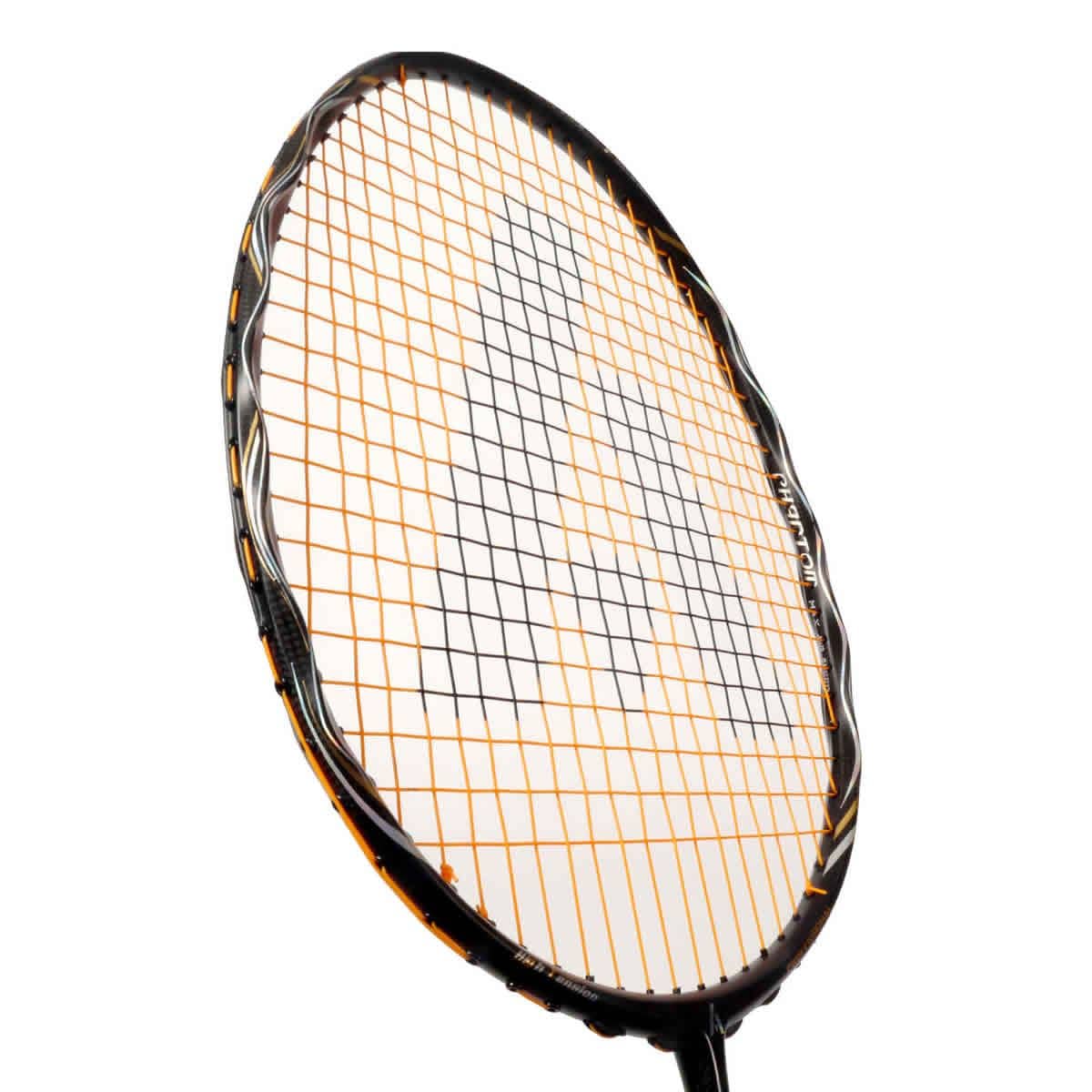 A close-up view of the Ashaway Phantom Helix Badminton Racket - Black Gold, showcasing its sleek cosmetic weave design with a black and gold frame. Positioned diagonally against a white background, it accentuates the string pattern and innovative Phantom Airflow System by Ashaway.
