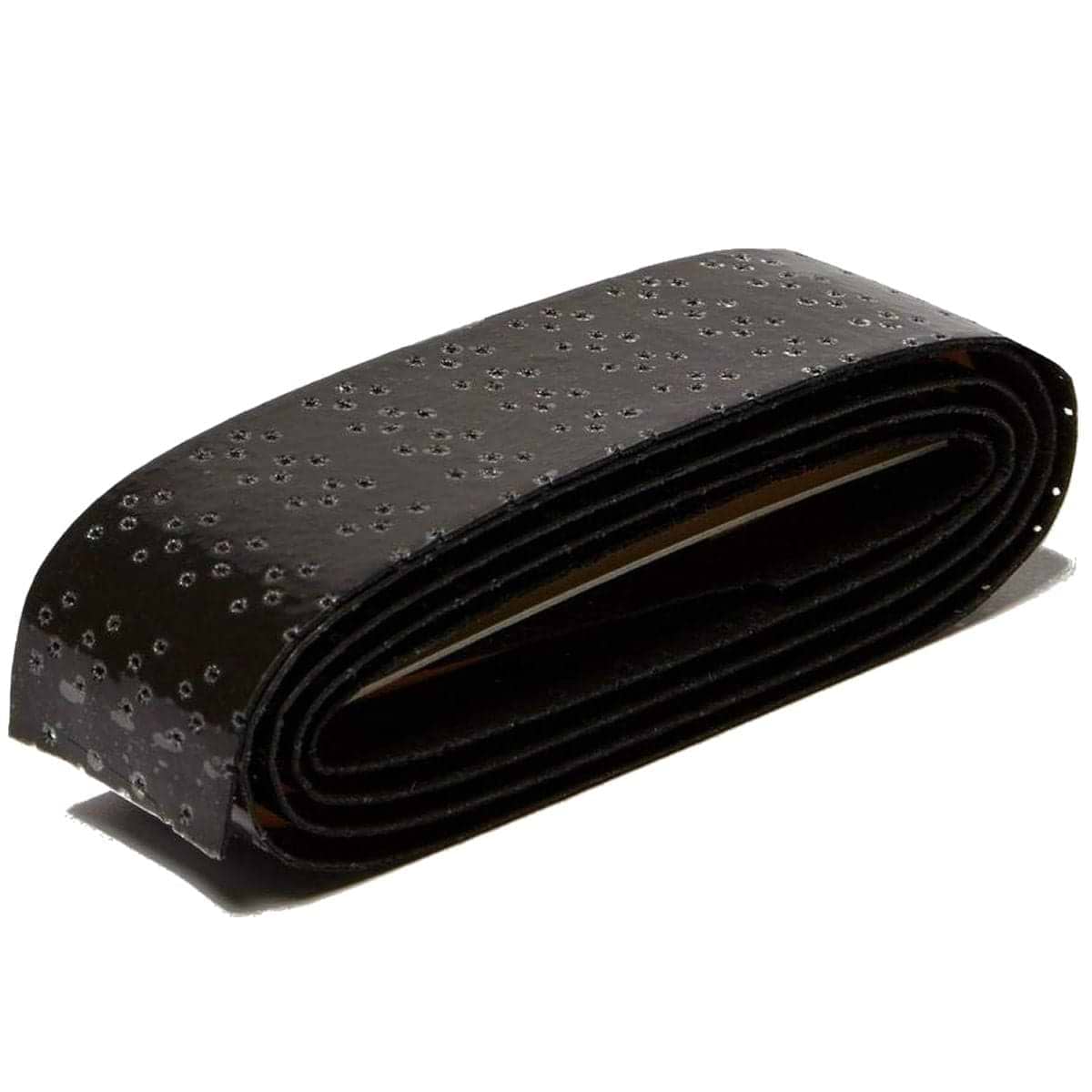 A coiled black leather belt with small holes evenly spaced across its surface lies flat on a white background, highlighting its smooth texture and glossy appearance similar to that of a Yonex AC139EX Twin Wave Grap Badminton Overgrip.