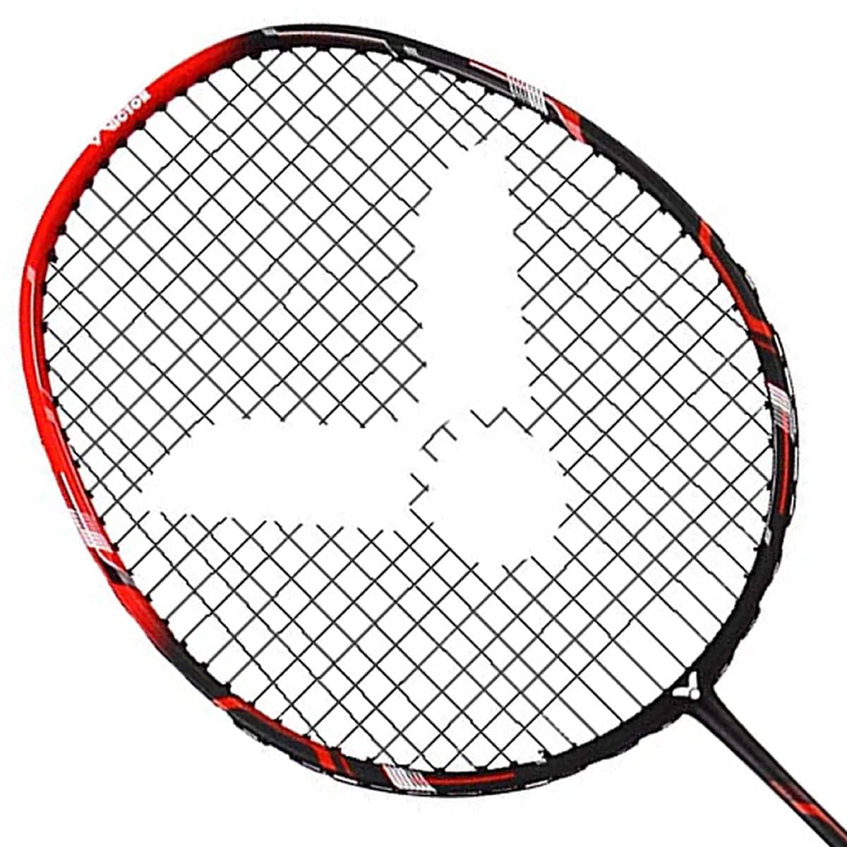 The Victor Ultramate 6 Badminton Racket by Victor, styled in red and black, boasts a sturdy carbon shaft. It has uniquely patterned strings with a white emblem in the center that resembles a stylized shuttlecock or geometric design. This entry-level racket features an angled aluminum head for enhanced precision.
